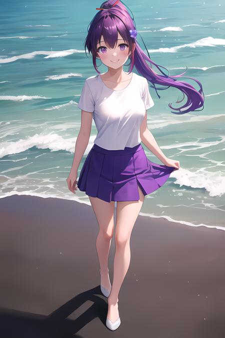 (masterpiece, best quality, high quality, highres, ultra-detailed),1girl,solo,standing,close up,purple hair,(very long ponytail),white t-shirt,facing viewer,happy,red ribbon hair tie,beach side,blush,violet flower ornament,short skirt,full body,purple eyes,sparkling eyes,