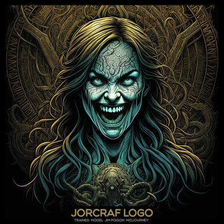 the (laughing girl:1.1) portrait, symmetrical artistic sharp art, dan mumford style, hdr, realism, dark atmosphere, lovecraft style, (JimJorCrafLogo art style:1.3)