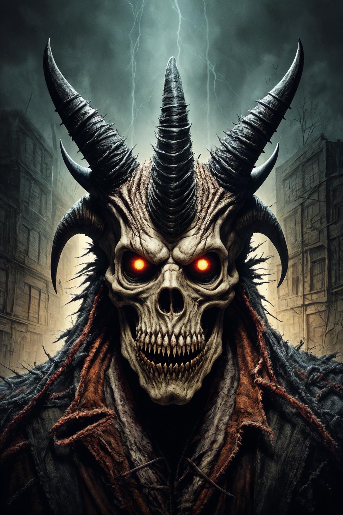 A demonic skull with horns and glowing eyes in front of a cityscape.