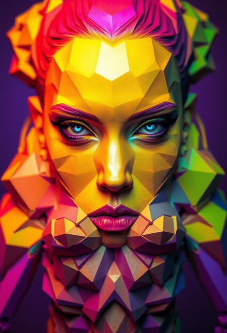 female subject, vibrant, multichromatic colors, raw, unrefined textures, harsh and angular geometric forms, distorted body shapes, minimalist design, sharp and jagged geometric patterns, interlocking polygons, fragmented figure, brutal edges, primal aesthetic, exaggerated features, fractal patterns, recursive shapes, infinite geometry, intricate fractal structures, neon glow, diverse color palette, saturated hues, stark lighting, psychedelic tones, dystopian vibe, sculptural appearance, unsettling, high resolution, photorealism, (severe expression:1.3), (overloaded multichromatic colors:1.6), (emphasis on sharp geometric form:1.6), minimal details, intersecting planes, fractured geometry, rigid structure, (blurry:-1.2), (ugly:-1.3), (cartoonish:-1.1), (smooth surfaces:-1.4), (polished:-1.3), (low quality:-1.2), (overly ornate:-1.5), (disjointed anatomy:-1.3), (soft lighting:-1.2), (noisy:-1.1), (bad composition:-1.3)