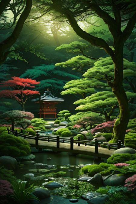 A masterpiece in the form of a japanese garden inside a beautiful, illuminated miniature forest, 3d render, vibrant, cinematic, portrait photography, wildlife photography, 8k