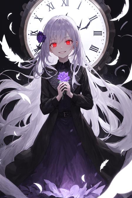 masterpiece, best quility, high_quality, high_resolution, masterpiece*portait, 1girl, [silver|purple]  + (red:0.5) eyes, silver + [puple|blue] hair, black suit top, black dress,(evil_smile:1.5), Half-open eyes, glowing eyes, down hands, down arms, glow, glitter, glowing white particles, Glowing fluttering purple rose petals, temple, fantasy, (straight-on:1.4), front_view, looking at viewer, (wind lift:0.7), (backlighting:0.6), clock, gears, very many gears, final boss, (monochrome:0.2), purple sunbeam, Fluttering Black Feathers