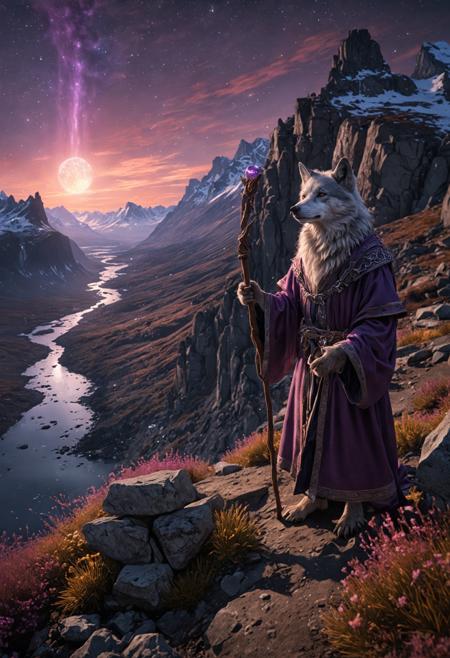 HDR photo of a young wizard holding a grand wizards staff with a glowing magic orb, positioned at the edge of a cliff, poised for adventure. Accompanied by a faithful grey wolf, the wizard is adorned in vibrant, flowing purple robes. The vast, unexplored landscape stretches out behind them, embodying the excitement of embarking on a journey. This scene is captured in a detailed, slightly elevated distance shot, showcasing volumetric lighting and a high dynamic range. The image is marked by vivid colors, rich details, clear shadows, and highlights, offering a realistic and intense visual experience with enhanced contrast and high detail, all in 8k resolution. Northern Lights, stary sky, ethereal sky, night light, magic sky