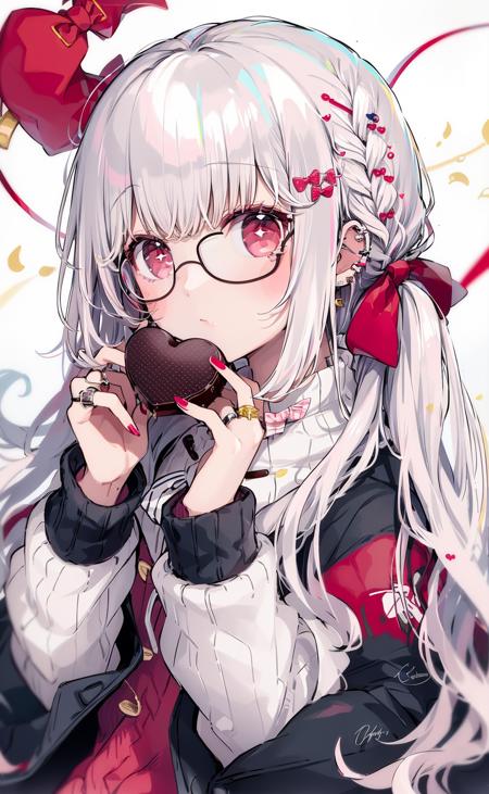 1girl,xingzhuang, <lora:xingzhuang:0.8>,solo, glasses, long hair, food, holding, hair ornament, white hair, jewelry, bow, hair bow, heart, upper body, long sleeves, bangs, red eyes, ear piercing, +_+, earrings, heart hair ornament, looking at viewer, piercing, braid, chocolate, hairclip, closed mouth, red bow, blush, nail polish, sweater, bandaid on hand, heart of string, holding food, pink nails, red nails, jacket, signature, striped, cropped torso, round eyewear, sleeves past wrists, plaid, striped bow, hands up, symbol-shaped pupils, shirt, ring, valentine, pink hair