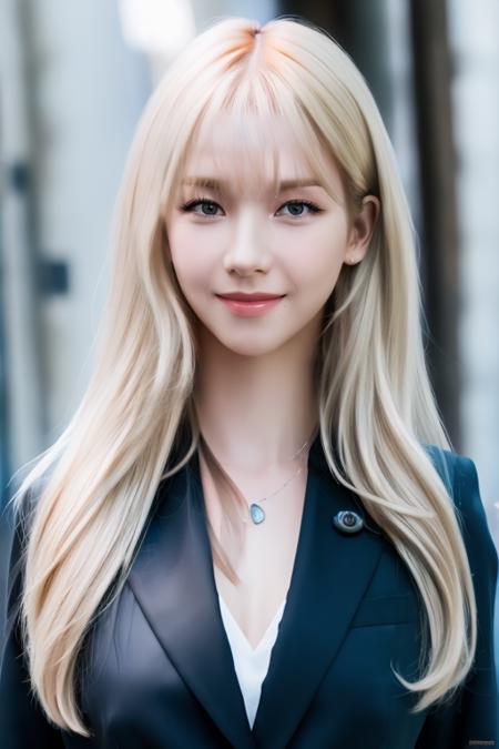 (bright blond long hair,full bangs:1.2),<lora:aespaKarinaV2.5:1>,Karina, woman,complex 3d render ultra detailed, (smile:1.5), portrait of beautiful woman, moody portrait, striking features, beauty, intricate details, dramatic composition, tension, contrast, texture, realism, high-quality rendering, stunning art, high quality, film grain, Fujifilm XT3,swirly bokeh,(realistic, photo-realistic:1.2),RAW photo,physically-based rendering,(looking at viewer:1.4),(8k, best quality, masterpiece:1.2),(full body shot:1.1),octane render,extremely detailed CG, unity 8k wallpaper,in street,urban,city,(studio soft light,sunlight:1.2),(standing:1.1),(a girl is wearing suit and blazer:1.5),hyper realistic detail shiny skin,ultra detailed,(ultra realistic:1.2),(intricate:1.2),(photorealistic:1.2),1girl,(skinny:1.3),detailed background ,(large breasts:1.1)