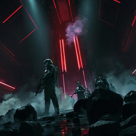 Art by Zhang Jing. A sci-fi digital illustration shoot from a low angle about a futuristic scene featuring a group of soldiers in a dimly lit industrial environment. the scene is set in a large, metallic structure with a high ceiling and glowing red lines. on the left side of the image, a lone soldier stands in the middle of the scene, wearing a helmet and holding a gun, facing away from the viewer. he appears to be in a battle-ready stance, with a determined expression on his face. to his right, another soldier stands behind him, holding a weapon in his hand. in the background, a few other soldiers can be seen, observing the scene. the overall atmosphere is intense and dramatic, with smoke and rocks surrounding the soldiers and a glowing red light illuminating the scene from behind.