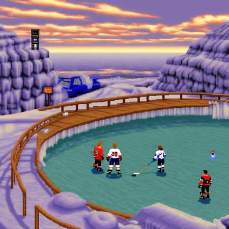 ((lcas artstyle)), an NHL hockey game seen from ice level. <lora:Lucasarts Artstyle - (Trigger is lcas artstyle):1>