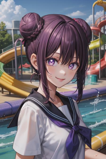 masterpiece,best quality,1 girl,purple hair,double bun,purple eyes,sailor uniform,smiling,looking at viewer,detailed background,outside background,waterpark,