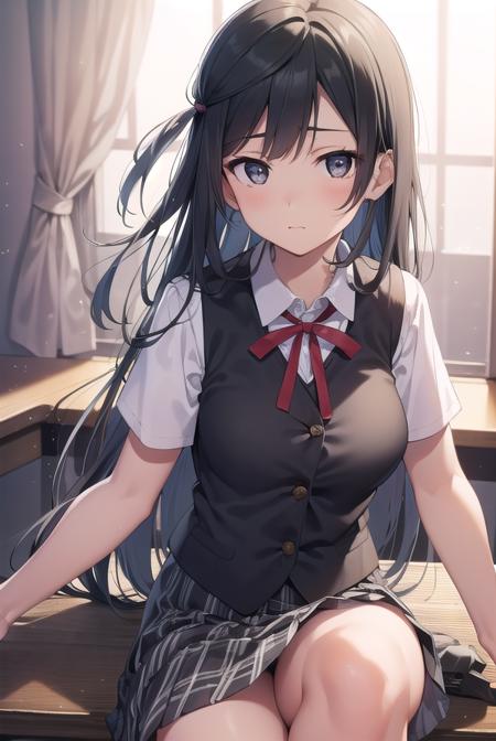 setsunayuuki, <lora:setsunayuuki-lora-nochekaiser:1>, 
setsuna yuuki, (black eyes:1.5), black hair, long hair, one side up, (medium breast:1.2), 
BREAK armband, blue vest, buttons, collared shirt, dress shirt, grey skirt, neck ribbon, nijigasaki academy school uniform, plaid, plaid skirt, pleated skirt, red ribbon, ribbon, school uniform, shirt, short sleeves, skirt, summer uniform, vest, white shirt,
BREAK looking at viewer, 
BREAK indoors, classroom, 
BREAK <lyco:GoodHands-beta2:1>, (masterpiece:1.2), best quality, high resolution, unity 8k wallpaper, (illustration:0.8), (beautiful detailed eyes:1.6), extremely detailed face, perfect lighting, extremely detailed CG, (perfect hands, perfect anatomy),