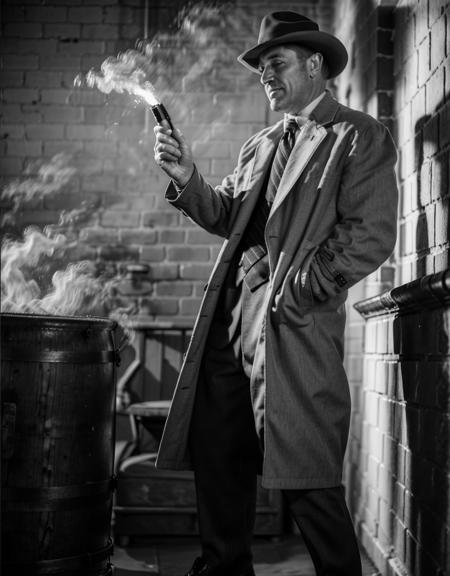 (man holding a gun, standing, shoting, bullets:1), (1boy), (bricks, corner, light:1.2),(coat, tie, shoes:1.2), looking at viewer, from below, smile, (NoirStyle:1.5), (retro, cinematic, high contrast, spot light), (smoke:1.2),
(detailed ladscape:1.2), (dynamic_angle:1.2), (dynamic_pose:1.2),
(realistic:1.4), ((realism)), (masterpiece:1.2), (best quality), (ultra detailed:1.2), (8k, 4k, intricate), (canon R5, 50mm focal length, f/5.6), (cowboy shot:1), (85mm),light particles, lighting, (highly detailed:1.2),(detailed face:1.2), (gradients), colorful,(detailed eyes:1.2), (ultra photorealistic:1.2), (detailed skin:1.2),
<lora:epiNoiseoffset_v2:0.5> <lora:Noir_style:0.8>