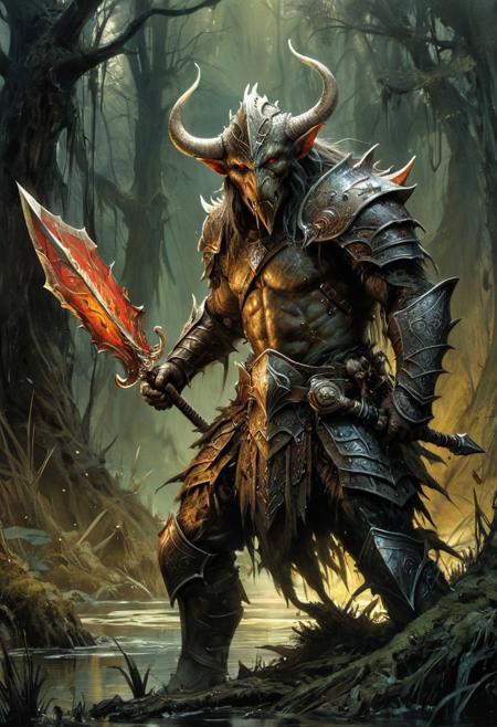 monster, fantasy warrior, massive monster, in armor, sword and shield, armed with spear, line art, watercolor wash, swamp background, stand, approaching perfection, pure form,  minimalistic, unfinished, concept art by Brian Froud and Carne Griffiths, intricate details, 8k post production, high resolution, hyperdetailed, trending on artstation, sharp focus, studio photo, intricate details, highly detailed, by greg rutkowski<lora:xl_more_art-full_v1:0.5>
dungeon and dragon , fantasy,  detailed_eye_model