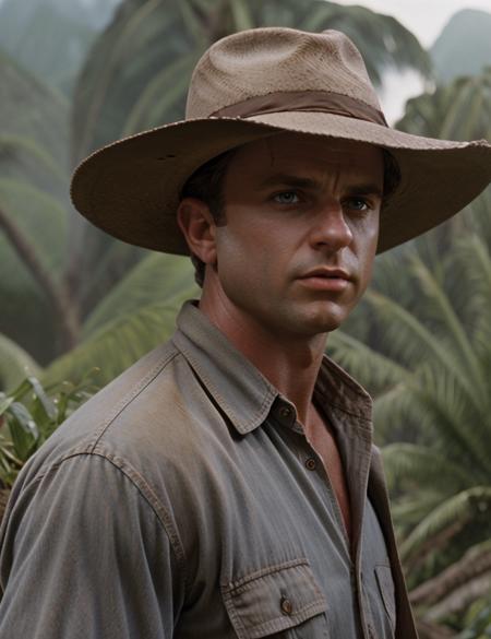 a4lang1 photo of (a4lang1) man, RAW, Spectacular light, 8k, high quality, film grain, Olympus OM1 sharp focus, f 3.4, ((detailed eyes)), Hat, Jurassic Park