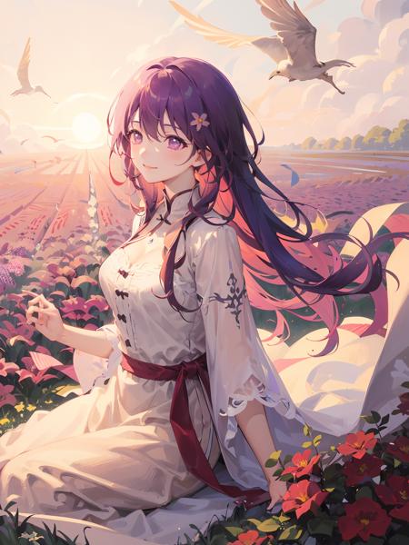 best quality,masterpiece,moqingxian,1girl,breasts,flower field,gentle breeze,<lora:moqingxian-000006:1>,smile, a bittersweet atmosphere, a moment of quiet contemplation,