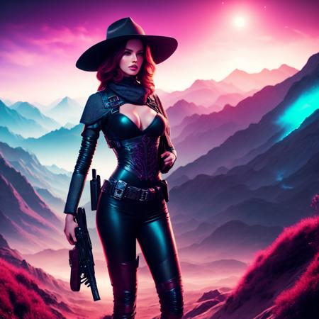 an attractive woman [gunslinger:bounty hunter:0.4] standing in a fantasy wilderness (retrowave style:1) <lora:djzRetroWave_LB2:0.8>