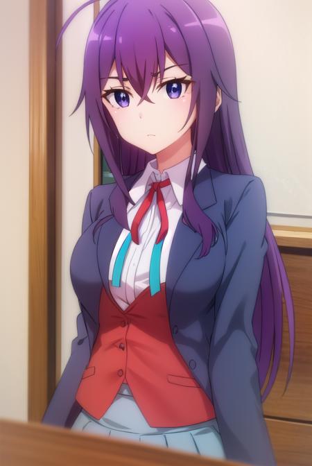 karenkannazuki, <lora:karen kannazuki s2-lora-nochekaiser:1>,
karen kannazuki, long hair, (purple eyes:1.1), purple hair, ahoge,
BREAK skirt, school uniform, blazer, (red blazer:1.5), shirt, white shirt, collared shirt, ribbon, blue ribbon,
BREAK indoors, classroom,
BREAK looking at viewer,
BREAK <lyco:GoodHands-beta2:1>, (masterpiece:1.2), best quality, high resolution, unity 8k wallpaper, (illustration:0.8), (beautiful detailed eyes:1.6), extremely detailed face, perfect lighting, extremely detailed CG, (perfect hands, perfect anatomy),