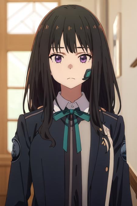 best quality, masterpiece, highres, solo, {inoue_takina_lycorisrecoil:1.15}, black_hair, long_hair, bangs, purple_eyes, closed_mouth, ribbon, green_ribbon, neck_ribbon, 1girl, collared_shirt, jacket, looking_at_viewer, necktie, portrait, red_necktie, shirt, blurry, white_shirt, black_jacket, blurry_background, school_uniform, blazer, upper_body