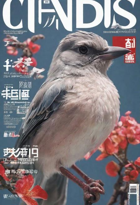 magazine cover, japanese text, bird, clos-up, 3D animation style, randomize,