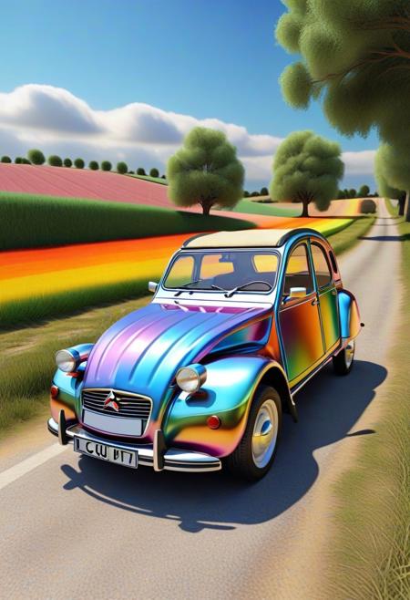 Citroen 2cv liquid classic pearlescent  style car, color, street, countryside, sunshine. (masterpiece, intricate:1.3), (best quality, hires textures, high detail:1.2), (4k),(incredibly detailed:1.4), realistic photo straw thread design.(made of l1qu1dp34rl):2, (pearlescent):2, (iridescent rainbow hues),slighly melting,((gentle cat))