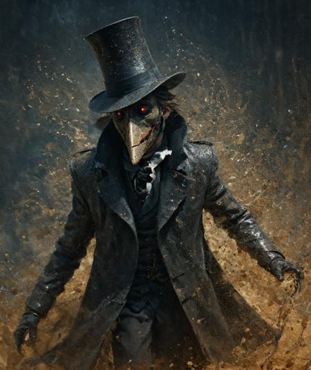 surrealism painting, 16k, extreme detail, fine textures, deep shadows, dark, sharp lines, (do puppets bleed glitter when you shoot them?), somber colors. beautiful. masterpiece.  ((mysterious)). random. petite. reflections. romanian plague doctor <lora:JuggerCineXL2:0.8> Movie Still, Film Still, Cinematic, Cinematic Shot, Cinematic Lighting <lora:xl_more_art-full_v1:0.95> <lora:more_details:0.68> <lora:EnvyActionShotXL01:0.8>