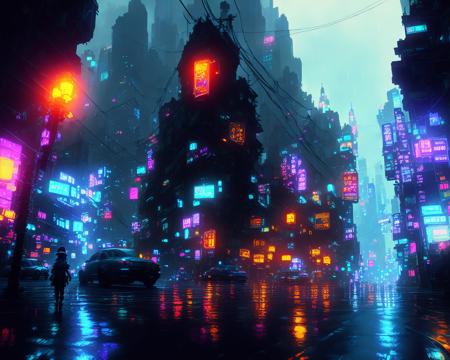 a city street on a rainy night, by eonn