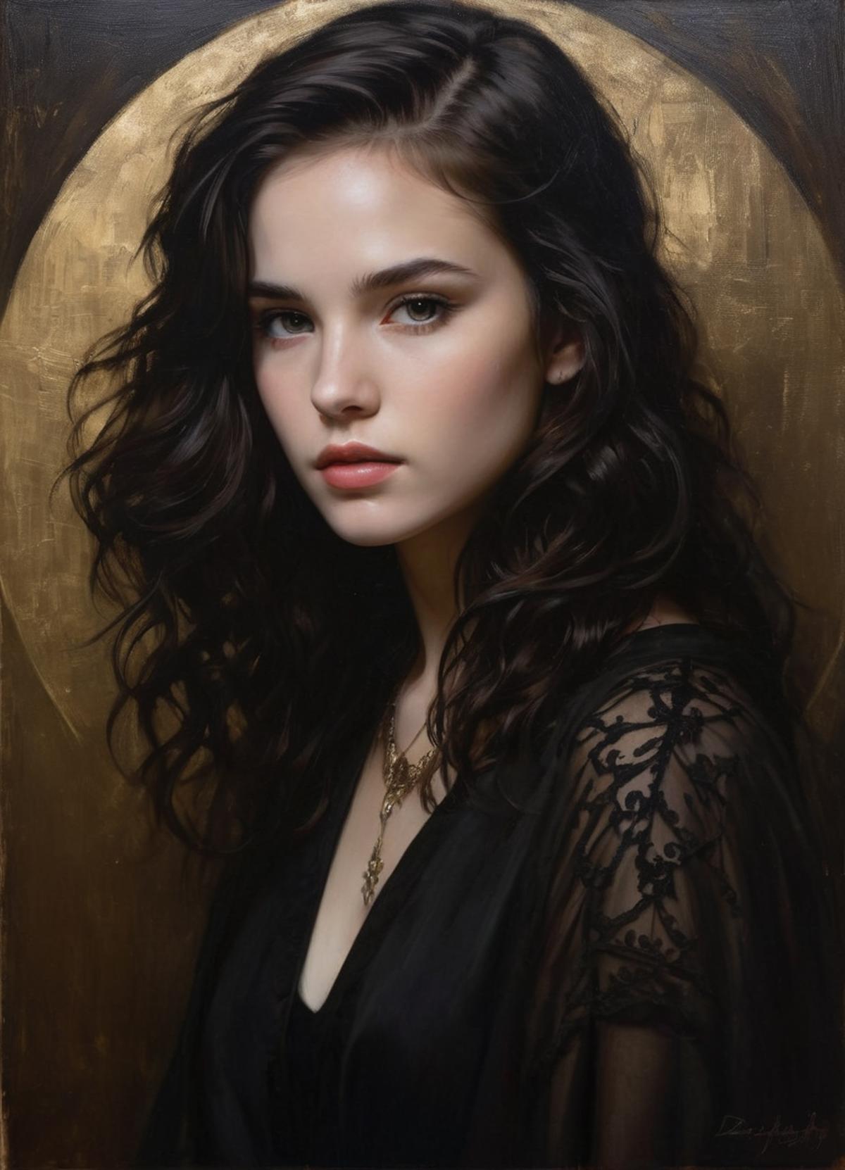 A portrait of a woman with long dark hair, wearing a black dress, and a gold chain.