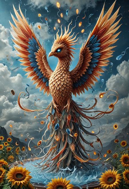 celestial marble phoenix Made of Sunflowers, flying through liquid sky, clouds melting into ribbons of color, fluid scales shimmering with white blue and red hues, glowing eyes, dynamic wings of flowing liquid, painterly lighting, vast fantasy environment, surreal atmosphere, highly detailed, magical realism, Made of Sunflowers