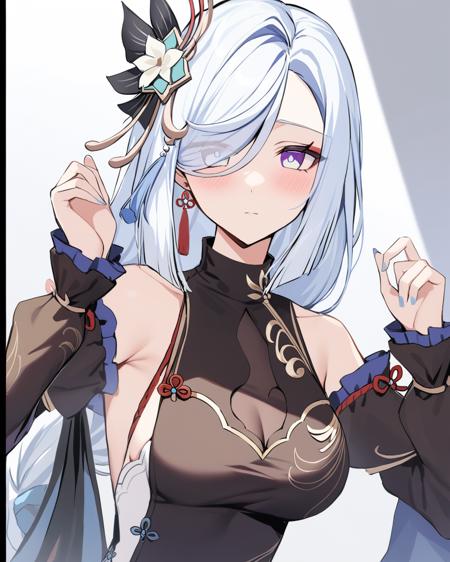 masterpiece,best quality,<lora:shenhe_new:1>,girl,shenhe_\(genshin_impact\),long_hair,hair_ornament,solo,breasts,looking_at_viewer,detached_sleeves,blush,tassel,dress,hair_over_one_eye,blue_nails,chinese_clothes,bangs,black_dress,border,upper_body,blue_eyes,eyes_visible_through_hair,bare_shoulders,nail_polish,closed_mouth,medium_breasts,flower,china_dress,white_hair,alternate_costume,