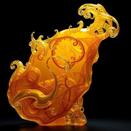 A large artistic surreal and complex sculpture of An abstract shape (composed of amber:1.5) and intricate fractal acanthus patterns. The texture of the amber should be highly detailed, showing fine, microscopic details. Emphasize the intricate patterns (swirls and splashes:1.8), with deep contrasts that highlight the unique physical characteristics of the amber, creating a surreal and scientific visual experience. colors being soft and unsaturated. highly detailed and complex, absurd res, 4k, 8k, cinematic, incredible details and clarity, no jpeg artifacts, crisp and clean details, hyper realistic, plain black background, (sub-suface scattering:1.5), (transparent:1.2), back left lighting out of frame,