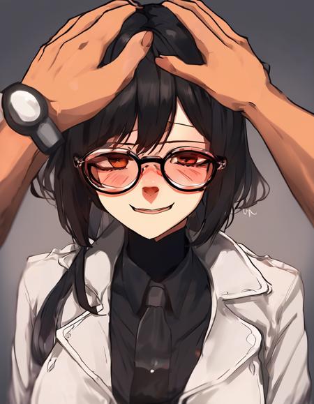 <lora:sdxl_headpat_v1-000075:1.0> petting disguised anime girl, wearing a fake beard, round black glasses and fake black facial hair, amazing anime drawing,wearing a fake mustache, wearing a fake mustache, wearing a fake mustache, wearing a fake mustache