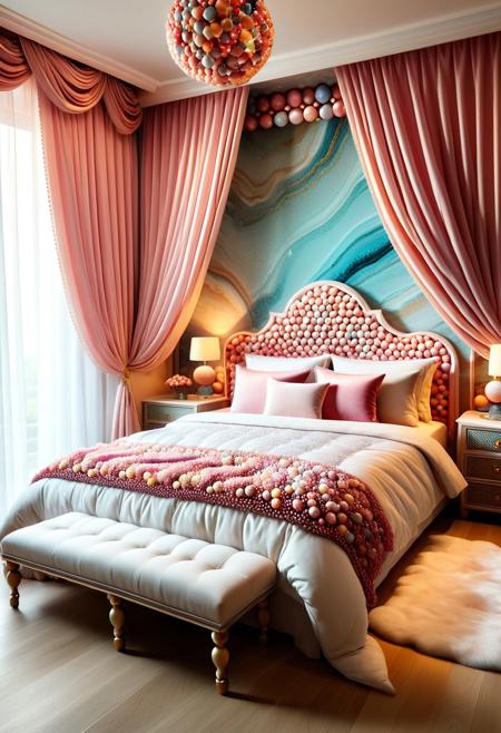 (((reality-shot, realism, realistic photography of a cozy bedroom interior decorated with marbles, bedframe crafted from interwoven glass spheres, pillows stuffed with cloud-like stuffing dyed soft translucent hues, curtains draped over hooks shaped like marble swirls, cozy art style, pearl-pink theme, intricate details, ultra sharp, exquisite detail, flawless composition, vivid colors, masterpiece, comforting sanctuary lora:marbles_world:1 )))