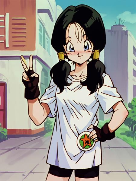 videl, black hair, blue eyes, low twintails, hair tubes, videl, black hair, blue eyes, black hair, short hair, bangs, spiked hair, fingerless gloves, white t-shirt, short sleeves, long t-shirt, bike shorts, badge, purple t-shirt, short sleeves, white tank top, long tank top, black leggings,