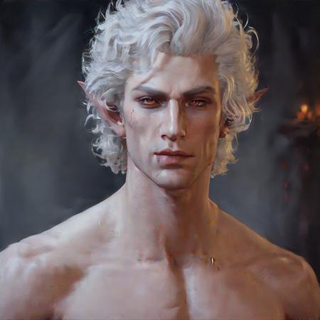 sexy  nude young muscular man, curly white hair, vampire, elf, handsome  man,  astationxl, <lora:astationxl:0.85>, oil painting , (painting:1.5)