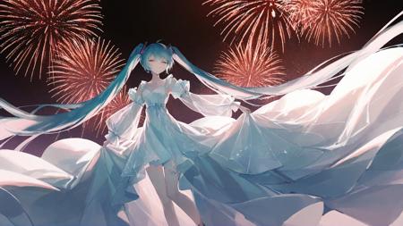 high quality, best quality, by rsef, 1girl, fireworks, solo, hatsune miku, long hair, dress, twintails, closed eyes, white dress, skirt hold, see-through, very long hair, long sleeves, see-through sleeves, sky, smile, night, outdoors, aqua hair, aerial fireworks, standing, bangs, hair between eyes, long dress, night sky, blue hair, <lora:rsef:1>