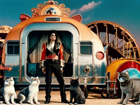 leavemealone michael jackson man posing with cats, amusement park, silver trailer, water splashes, surrealistic background, random objects, professional photography, intricate detail, high quality, masterpiece  <lora:hjleavemealone_v10:0.7>