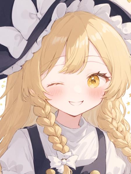 <lora:kirisame_marisa:1>,1girl,kirisame_marisa,one_eye_closed,hat,blonde_hair,solo,braid,smile,yellow_eyes,long_hair,witch_hat,bow,single_braid,blush,star_\(symbol\),simple_background,upper_body,white_bow,vest,short_sleeves,hat_bow,looking_at_viewer,hair_bow,side_braid,shirt,