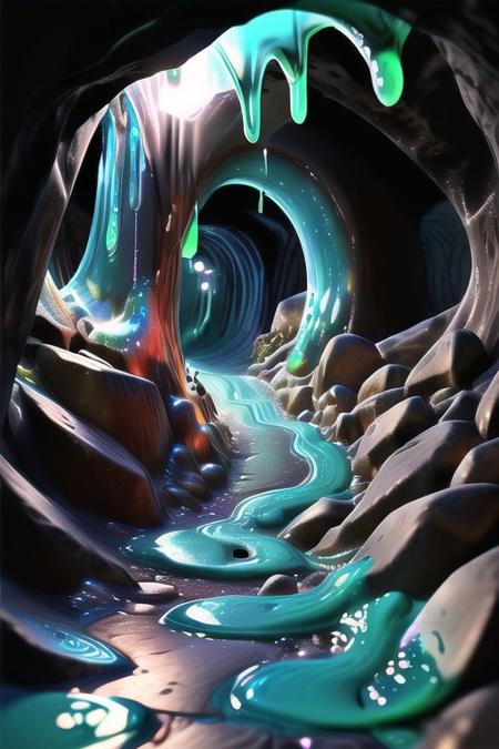 slime-morph, sl1m3d, made of slime, cave, sword, rocks, bright lights, ultra realistic