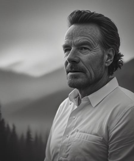 (Masterpiece Photo:1.3) of (Ultra detailed:1.3) (8k, RAW photo, highest quality),1man,age up,bryancranston,(wearing white shirt),standing in the Norwegian mountains, (misty mountains), (detailed eyes:0.8), (looking at the camera:1.4), (highest quality), (best shadow), intricate details, interior,dark studio, muted colors, freckles,Highly Detailed,naturalism,land Art,regionalism
 <lora:bryancranston:0.9>