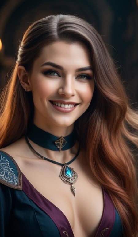 photo of a gorgeous female sorceress, looking at camera, D&D, choker on neck, stylish dress, very long flowing hair, intricate, elegant, stylish, cute smile, fantasy, extremely detailed,