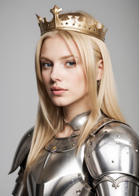 women with blond hair in a knight armor, queen crown