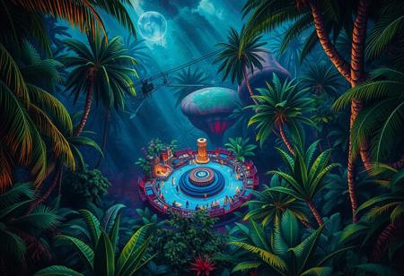 A nightclub in the middle of the jungle, view from above, in the style of an oil painting, scifi, cosmic, astral
