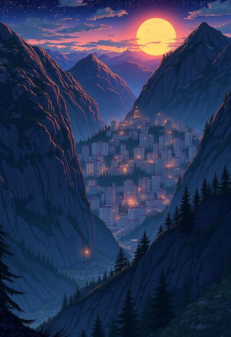 2D cartoon in retro anime style, surrealism and fantasy, picturesque wilderness nature, night, stunning landscape of a city built on mountainous terrain,  old anime, sunrise, apartment buildings,