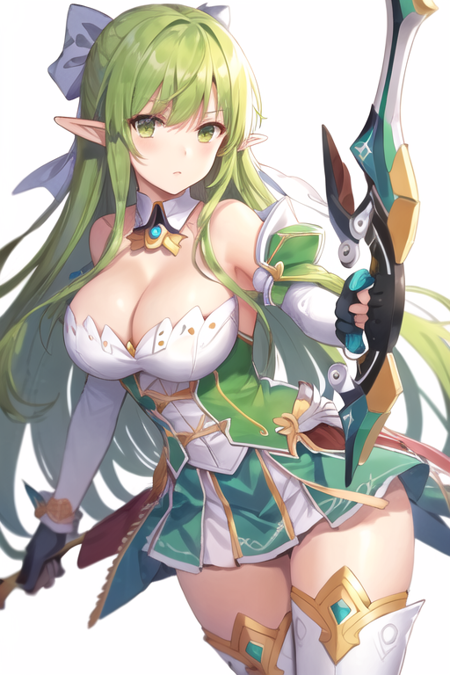 <lora:RenaErindel-09:0.6>, rena erindel, 1girl, solo, long hair, large breasts, thighhighs, gloves, white background, cleavage, green eyes, weapon, boots, green hair, pointy ears, white thighhighs, thigh boots, elf, bow (weapon)