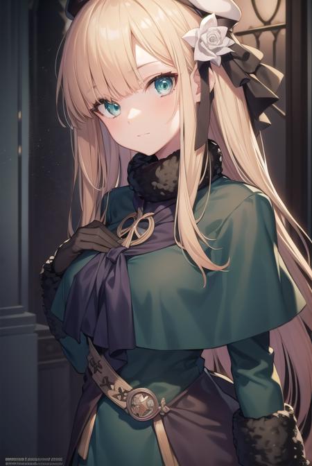 fgoreines, <lora:reines-lora-nochekaiser:1>,
reines, blonde hair, (green eyes:1.5), long hair, bangs, blunt bangs, (small breast:1.2),
BREAK beret, black headwear, black ribbon, blue dress, brown gloves, dress, flower, fur collar, fur trim, fur-trimmed sleeves, gloves, hair flower, hair ornament, hair ribbon, hat, long sleeves, ribbon, rose, tilted headwear, white flower, white rose,
BREAK looking at viewer,
BREAK indoors,
BREAK <lyco:GoodHands-beta2:1>, (masterpiece:1.2), best quality, high resolution, unity 8k wallpaper, (illustration:0.8), (beautiful detailed eyes:1.6), extremely detailed face, perfect lighting, extremely detailed CG, (perfect hands, perfect anatomy),