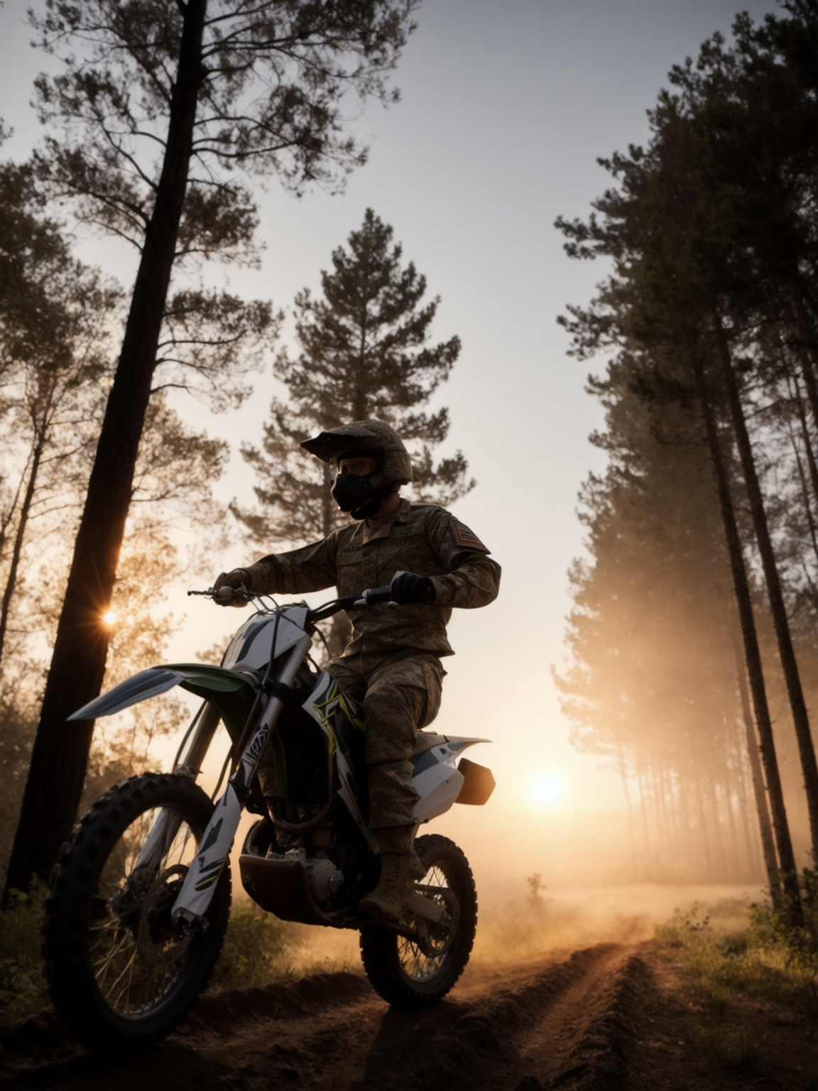 muscular man in (military clothing:1.1) riding a dirt bike next to a forest, powerline in the background, (misty, foggy:0....