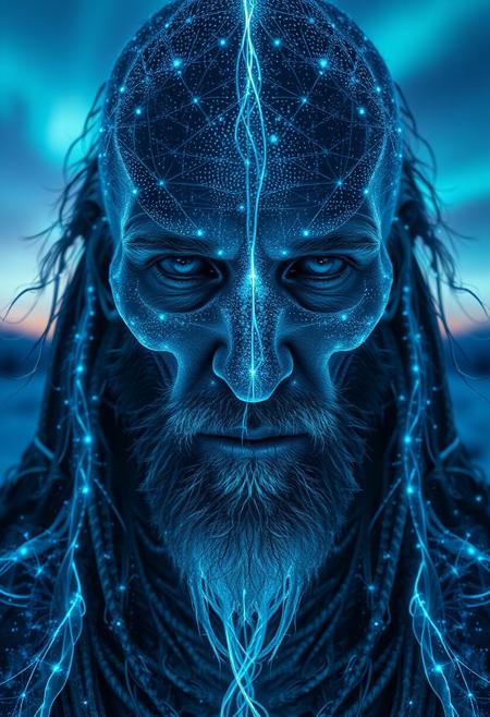 A symmetric portrait of a male, evil frozen necromancer, features dissolving into frozen magic thin, luminescent blue lines. Weighted Voronoi stippling and laser caustics create a network, transitioning from hyperrealistic detail to abstract, quantum-inspired forms. Ethereal hues blend, evoking existential transition and mystery. Close-up on face, evil skull partially visible. Set against a twilight arctic backdrop, icy winds ripple through his tattered robes. Rendered in a fusion of photorealism and digital surrealism, the scene is illuminated by ghostly Northern Lights. Emphasis on cold, menacing atmosphere, invoking Nordic myths