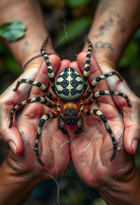 Photoraelistic, hyperdetailed, nature photography, beautiful, detailed, realistic, POV from above. Looking down at a giant spider sitting in my hands, anatomically accurate spider with eight long legs and a rotund abdomen. vibrant colours, striped legs, pattern on body, cobwebs on hands