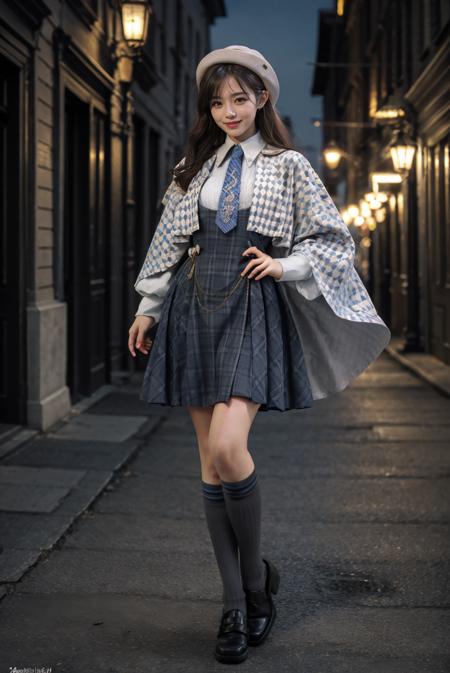 realistic, photorealistic, masterpiece, absurdres, incredibly absurdres, extremely detailed, best quality, mcostume, hat, kneehighs, full body, 1girl, solo, black hair, light smile, looking at viewer, detailed background, standing, classical european town, night, dramatic lighting, <lora:magic_costume_v1:0.7>