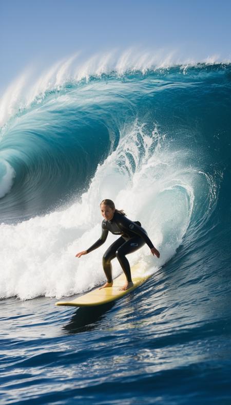 The image features a woman riding a wave on a surfboard. She is skillfully navigating the big wave, showcasing her surfing abilities. The woman is wearing a wetsuit, which provides her with the necessary protection and flexibility while surfing. The surfboard she is riding is positioned in the center of the image, with the woman standing on it and maintaining her balance as she enjoys the thrill of the huge wave,  <lora:add-detail-xl:1>