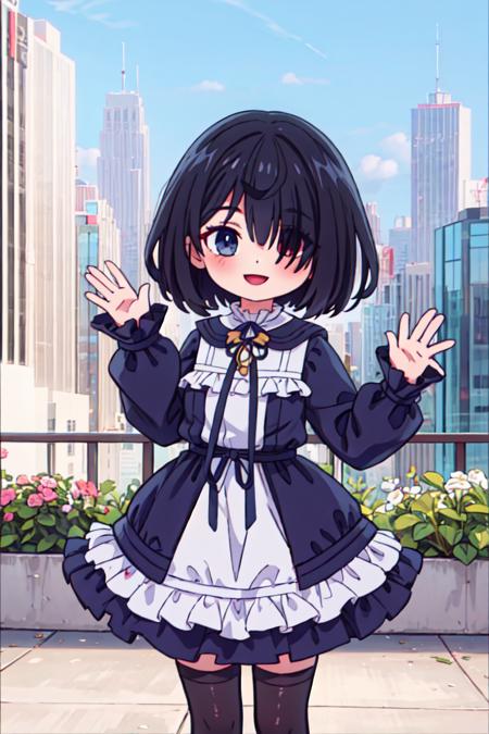 <lora:shiina_tsumugi:0.8>, shiina_tsumugi, 1girl, bangs, blue eyes, red eyes, eyes visible through hair, hair between eyes, heterochromia, short hair, black hair, standing, hair over one eye, long sleeves, frilled dress, black dress, black thighhighs, sleeves past wrists, looking at viewer, smile, city, skyscraper, waving, cowboy shot,