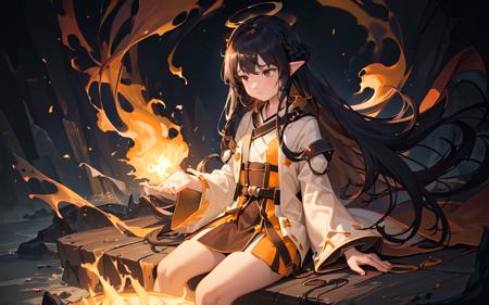 (best quality, masterpiece), (1girl, solo,brown robe, expression face, looking away, sitting, wide sleeves, black eyes, closed mouth, long hair, cowboy shot), (night sky at cave entrance , light rising from the bottom, inside Cave, floating glowing bunch of yellow particles, burning fire at hand, floating many small fires),